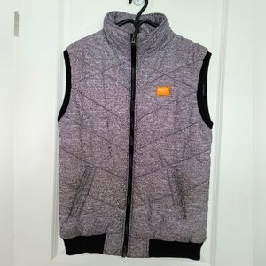 Superdry Gray Quilted Sleeveless Vest with Black Trim and Orange Logo Patch
